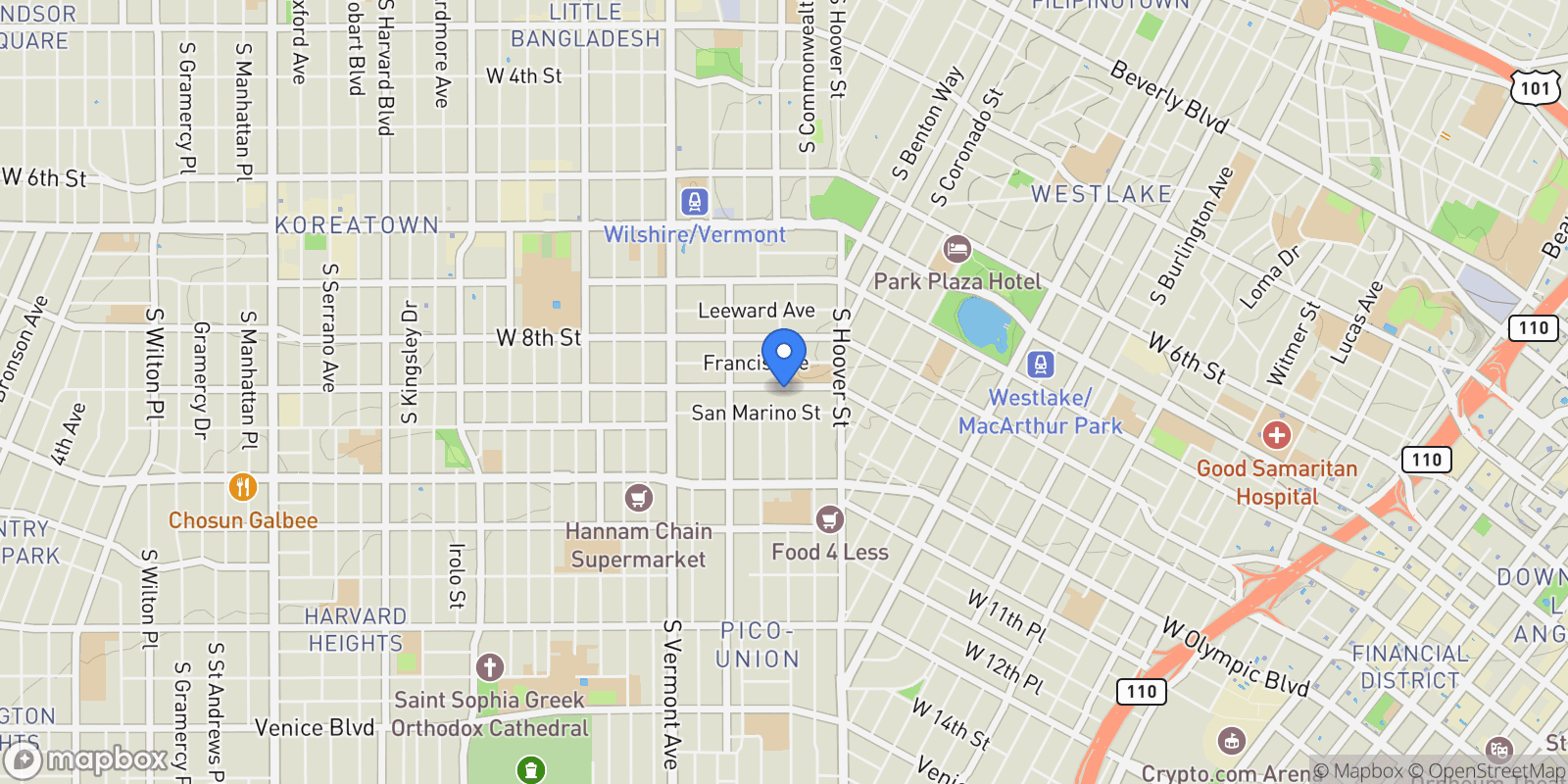 Map showing 2694 James M Wood Boulevard, Los Angeles, California, United States.