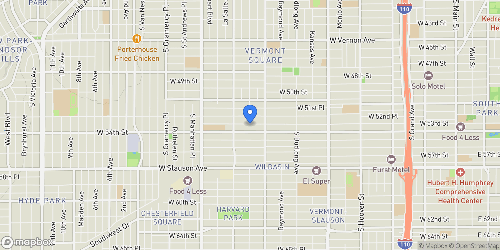 Map showing 1462 W 53rd Street, Los Angeles, California, United States.