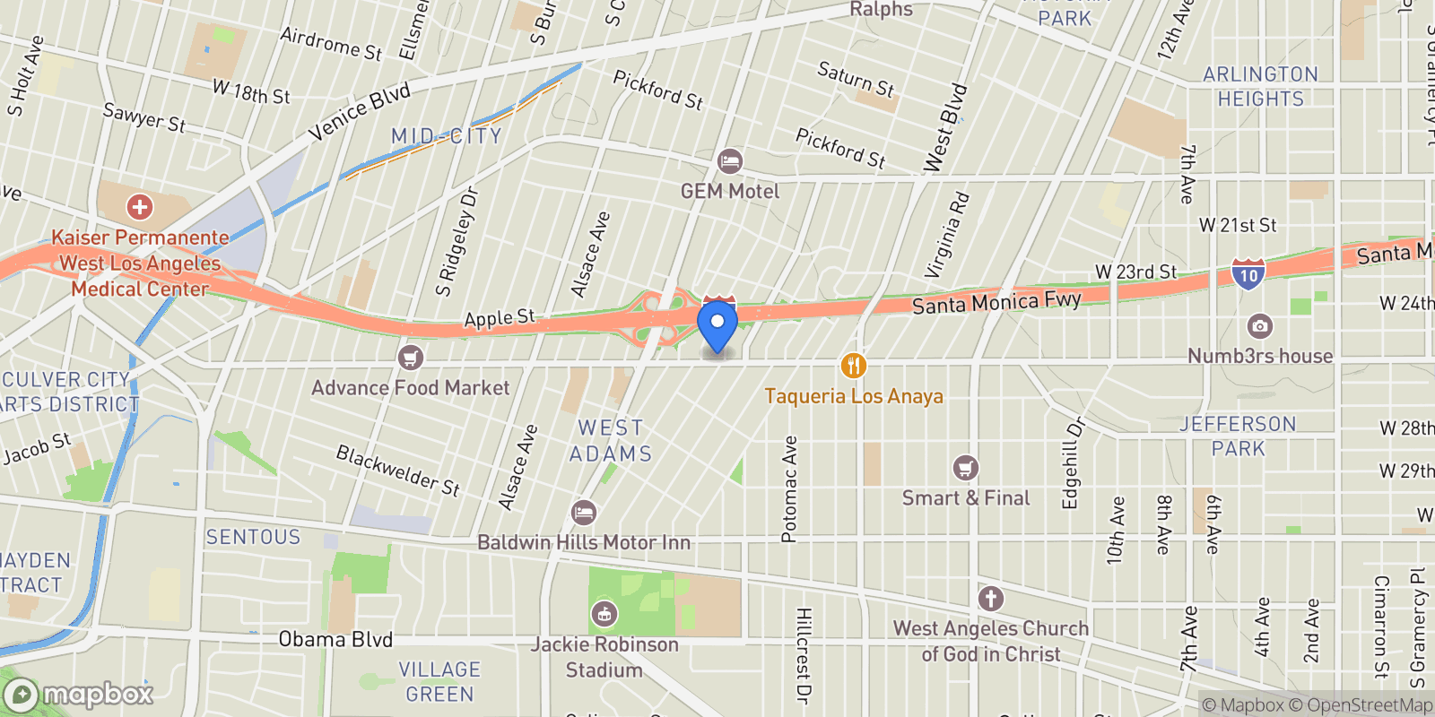 Map showing 4905 W Adams Boulevard, Los Angeles, California, United States.