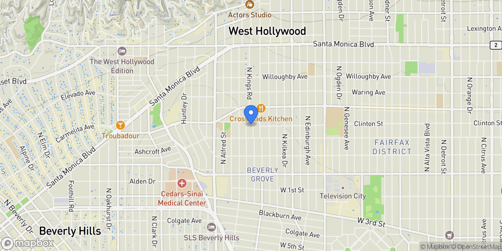 Map showing 553 N Flores Street, West Hollywood, California, United States.