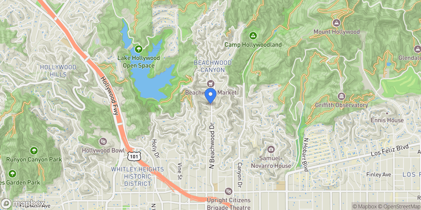 Map showing 2563 N Beachwood Drive, Los Angeles, California, United States.