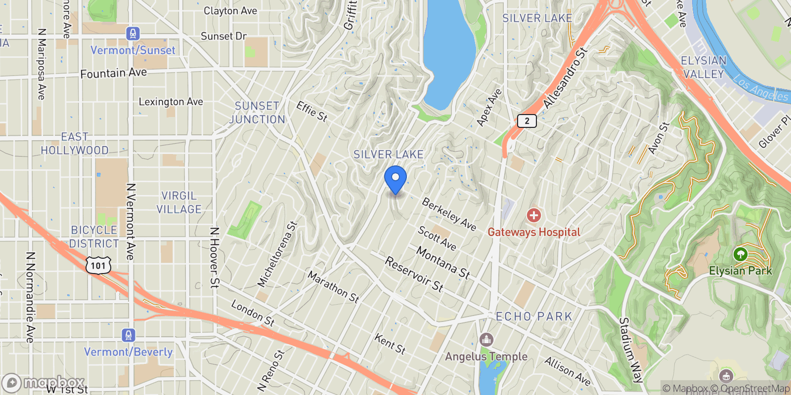 Map showing 1541 Silverwood Terrace, Los Angeles, California, United States.