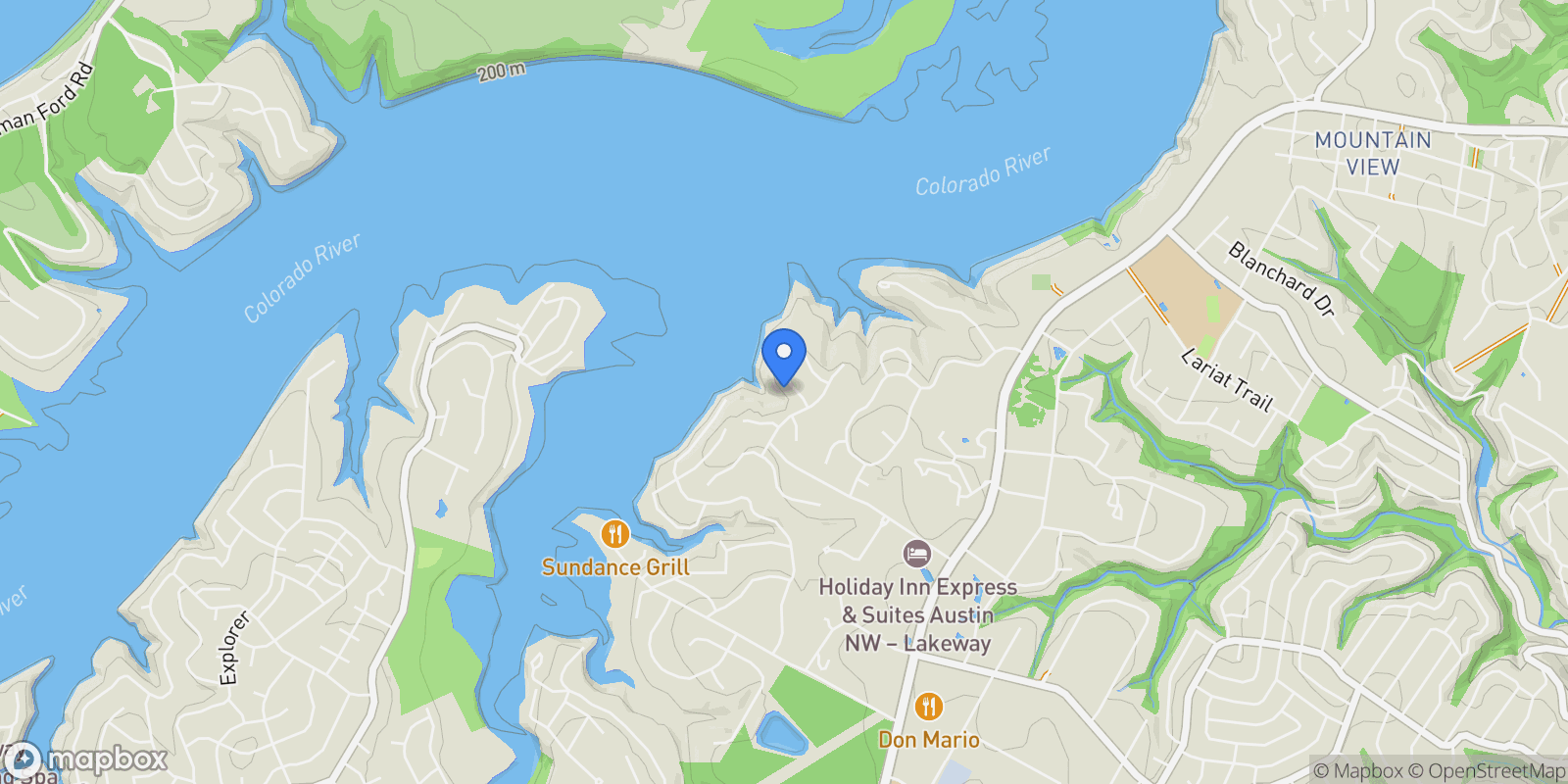 Map showing 203 Bella Riva DR, Austin, Texas, United States.