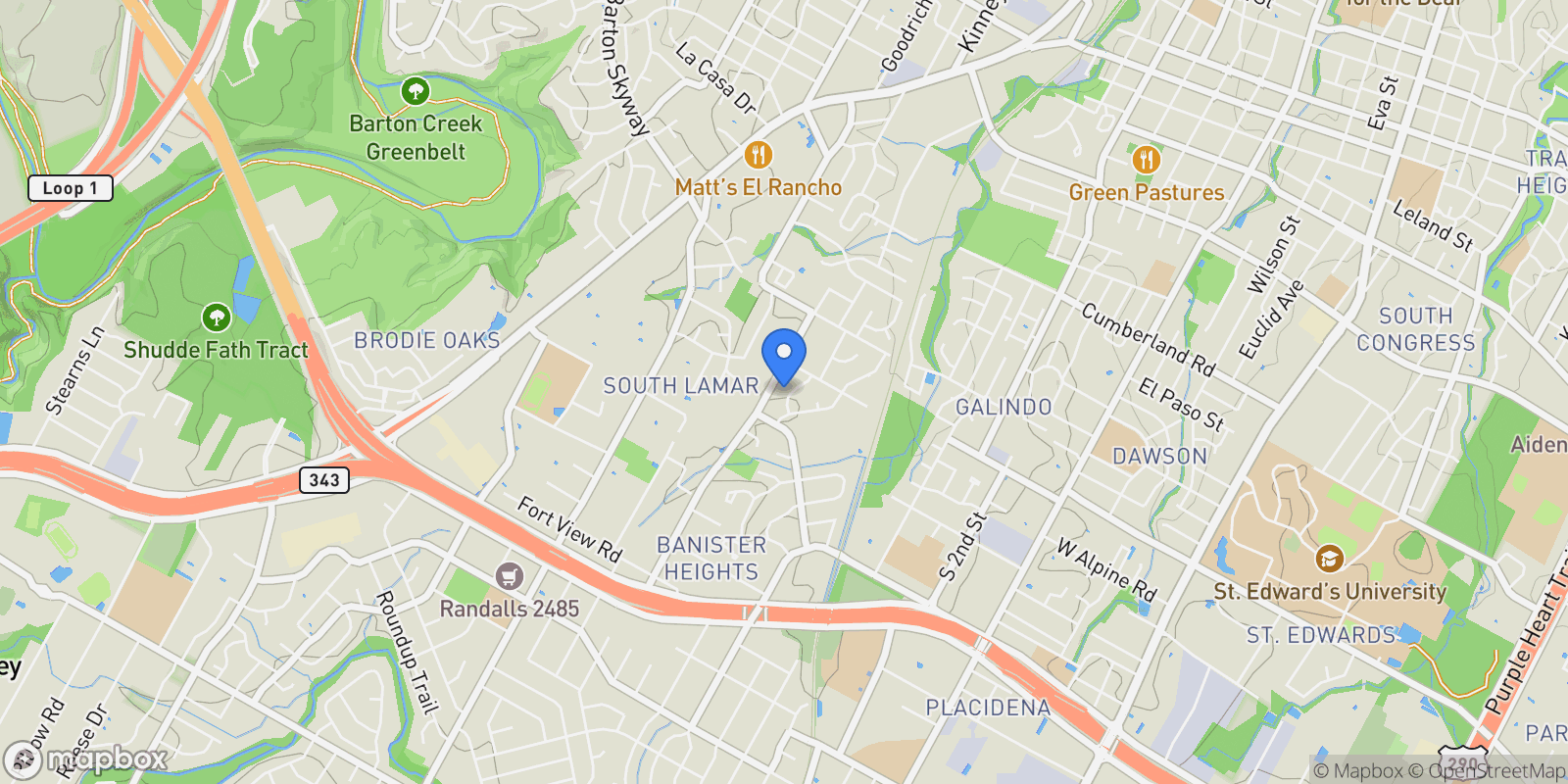 Map showing 3404 South Oak DR, Austin, Texas, United States.