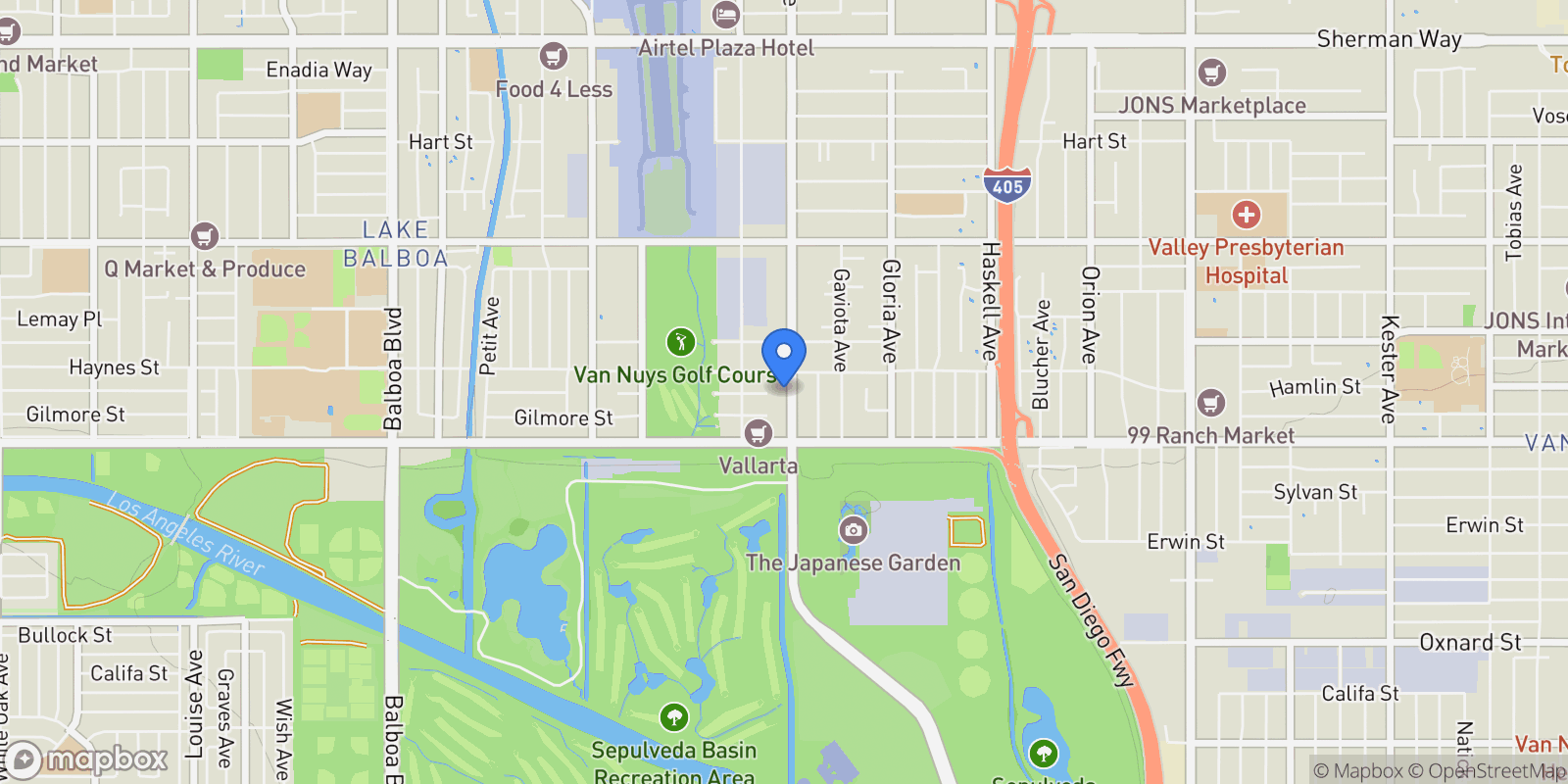 Map showing 6461 Woodley Avenue, Los Angeles, California, United States.