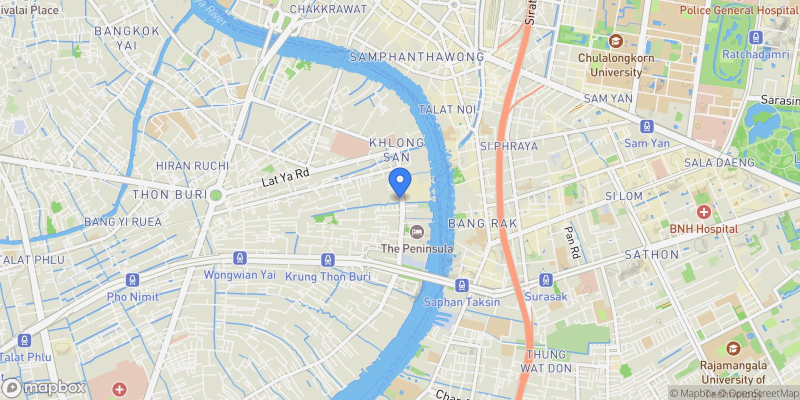 Map showing 182 Charoen Nakhon Rd, Khwaeng Khlong San, Khet Khlong San, Krung Thep Maha Nakhon 10600, Thailand, Bangkok, Krung Thep Maha Nakhon, Thailand.
