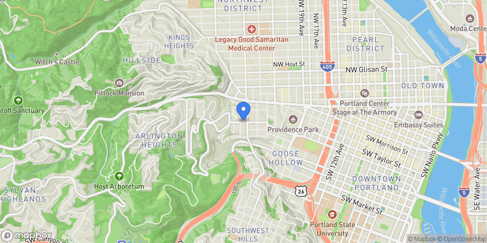 Map showing 2323 SW Park Pl #1006, Portland, OR 97205, Portland, Oregon, United States.