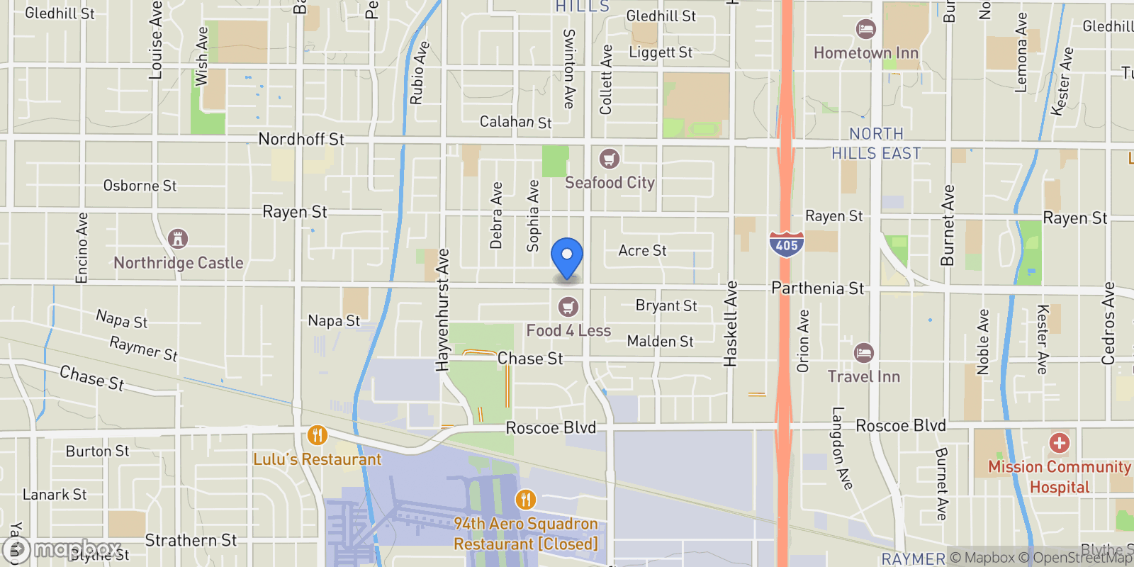 Map showing 16233 Parthenia Street, Los Angeles, California, United States.