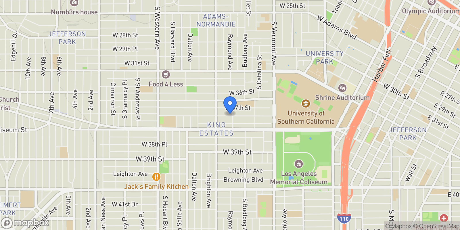 Map showing 1325 W 37th Place, Los Angeles, California, United States.