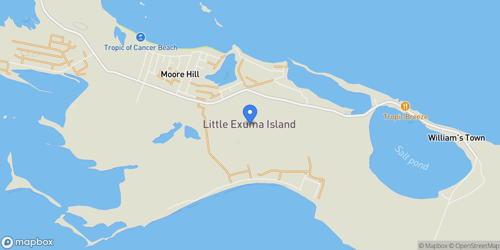Map showing Greystone, The Cut Beach, Little Exuma, EX, Moore Hill, Exuma, The Bahamas.