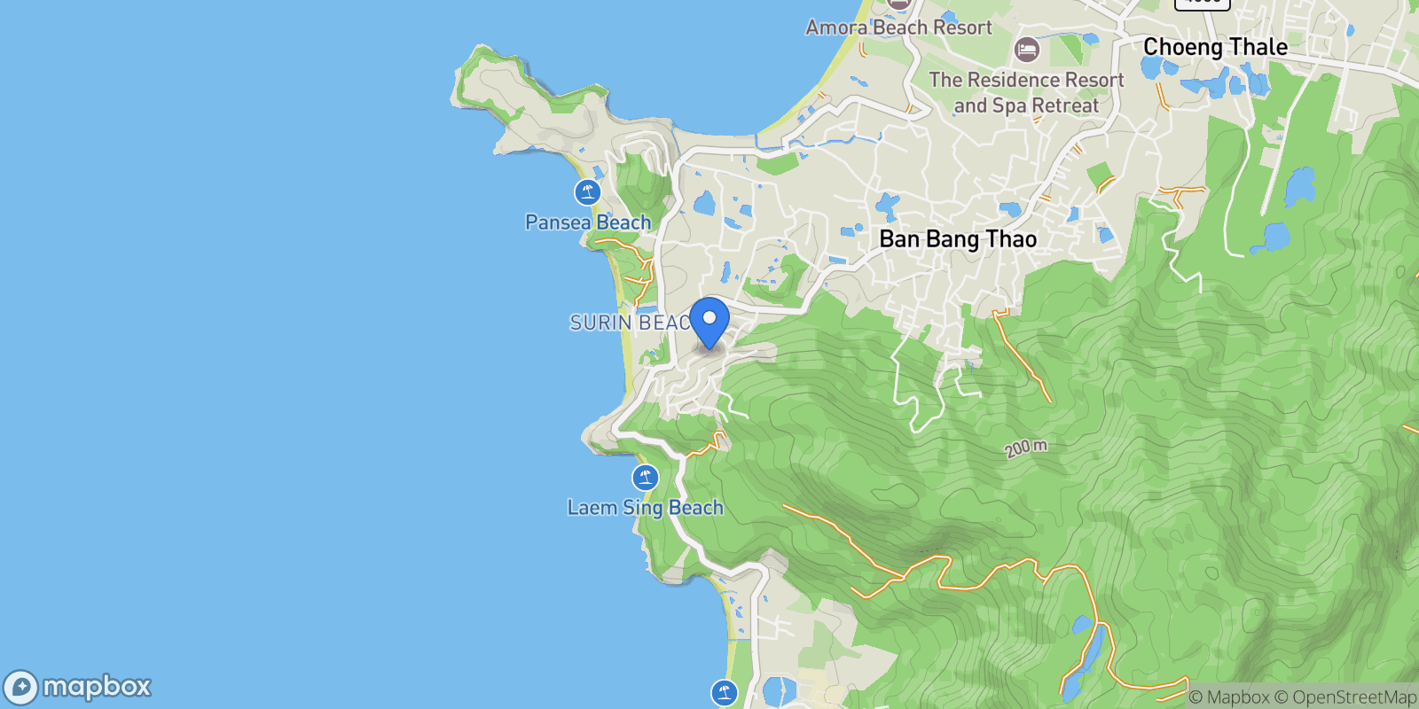 Map showing Surin Beach, Tambon Choeng Thale, Phuket, Chang Wat Phuket 83100, Thailand, Choeng Thale, Phuket, Thailand.