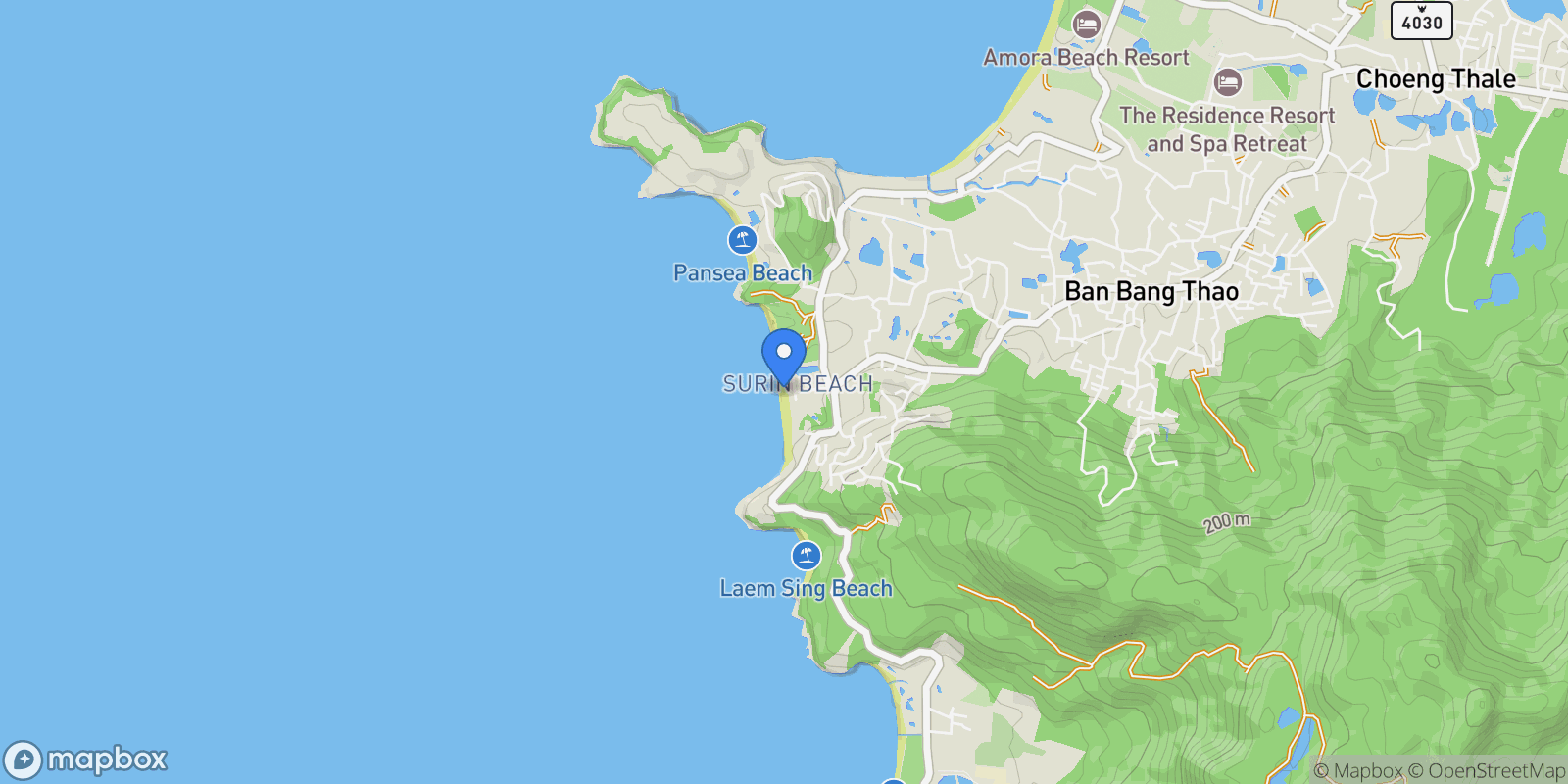 Map showing Surin Beach, Choeng Thale, Phuket 83110, Thailand, Choeng Thale, Phuket, Thailand.