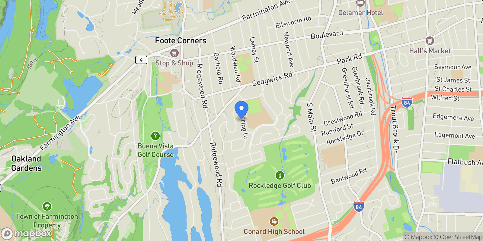 Map showing 43 Spring Lane, West Hartford, Connecticut, United States.