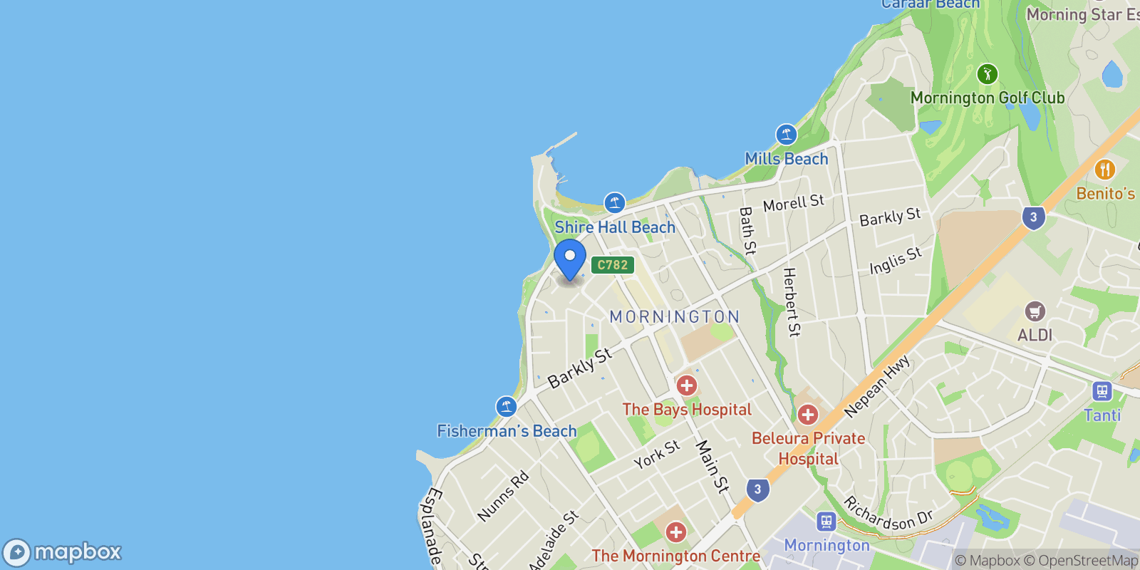 Map showing 12 Canterbury St, Mornington VIC 3931, Australia, Mornington, Victoria, Australia.