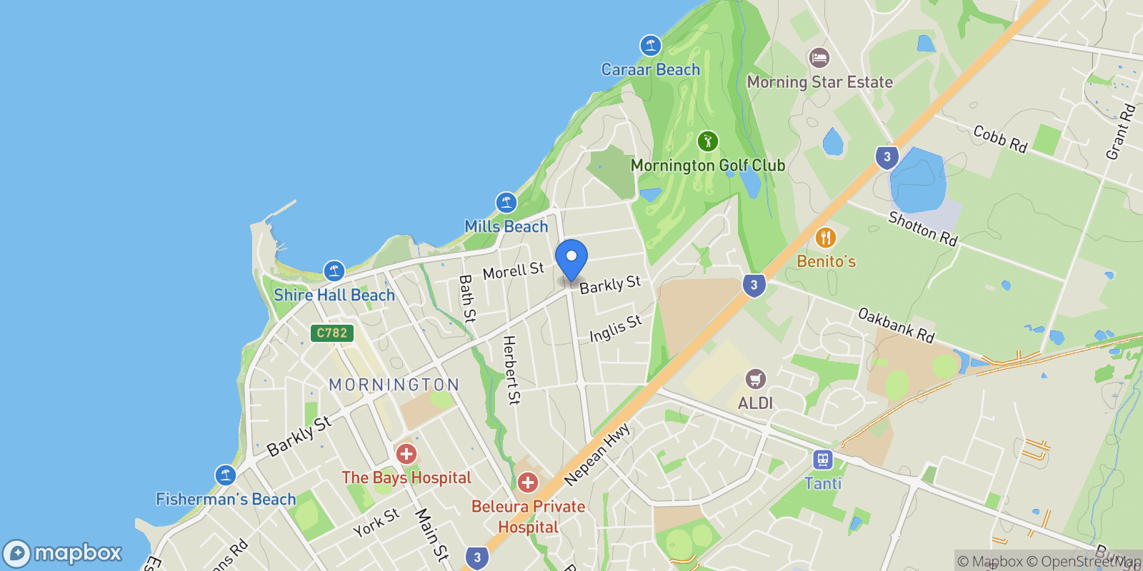 Map showing 150A Barkly St, Mornington VIC 3931, Australia, Mornington, Victoria, Australia.