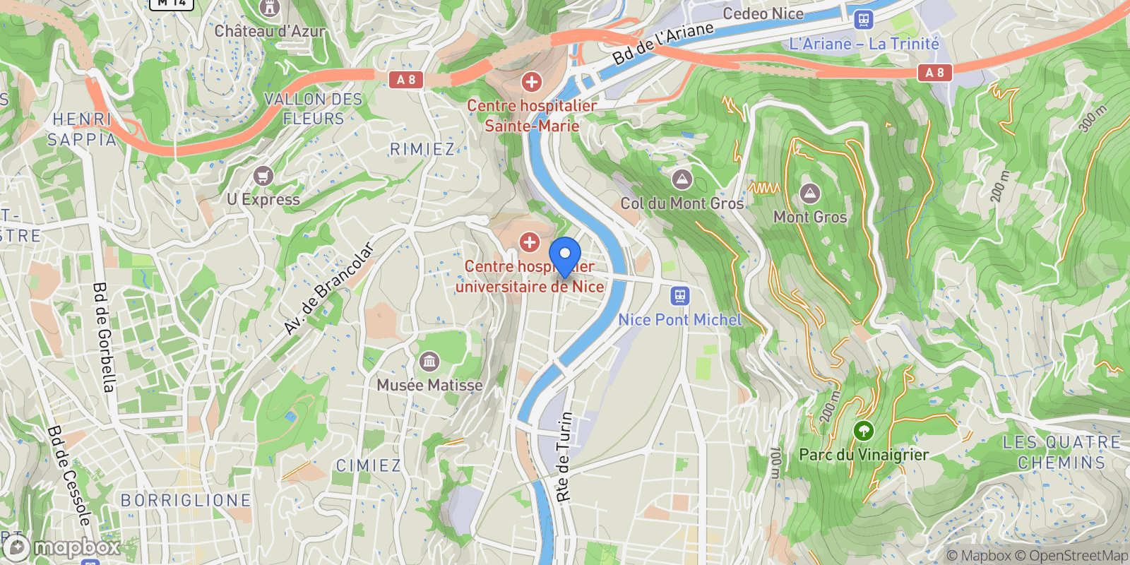 Map showing Nice, Provence-Alpes-Côte d'Azur, France.