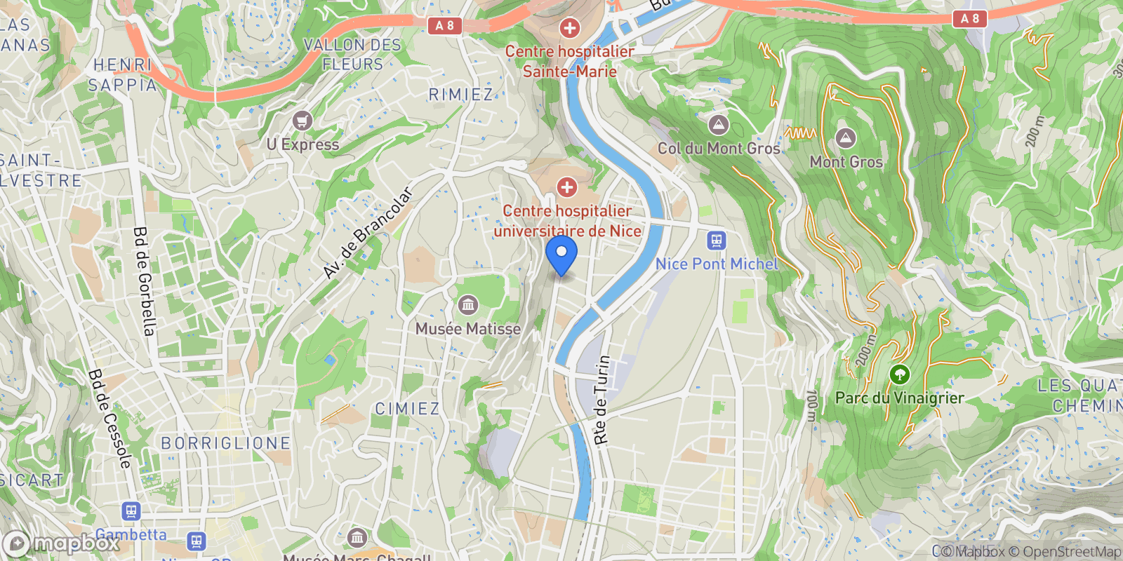 Map showing Nice, Provence-Alpes-Côte d'Azur, France.