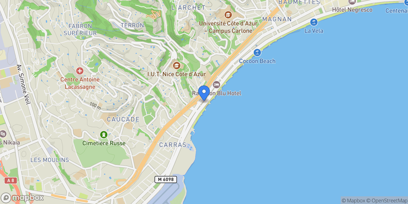 Map showing 255 Promenade des Anglais, Nice, Provence-Alpes-Côte d'Azur, France.