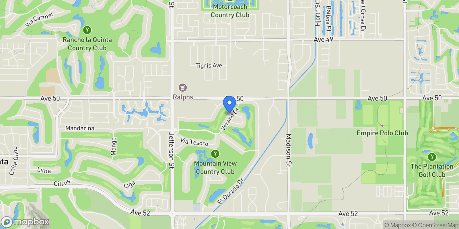 Map showing 50405 Verano Drive, La Quinta, California, United States.