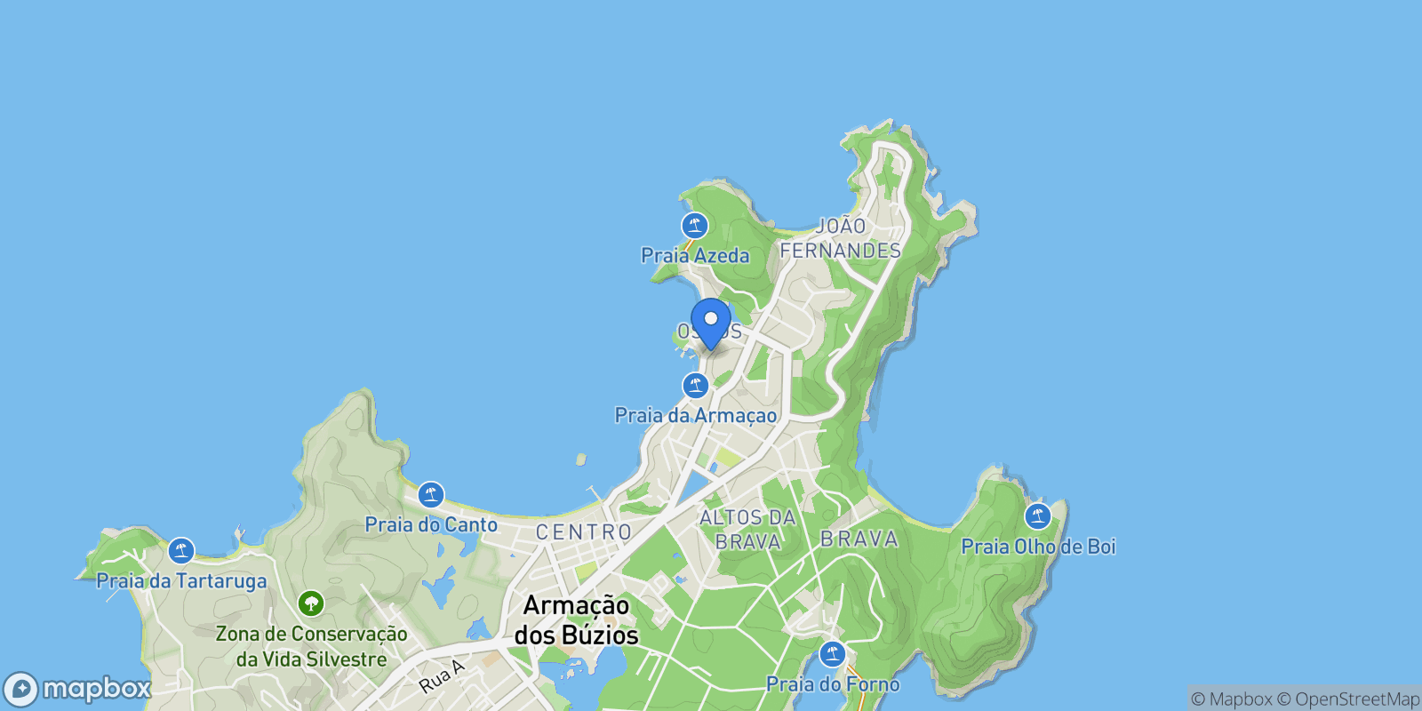 Map showing Rua Jose Bento Ribeiro Dantas Praia da Armação, Armação dos Búzios, RJ 28950-000, Armação dos Búzios, State of Rio de Janeiro, Brazil.