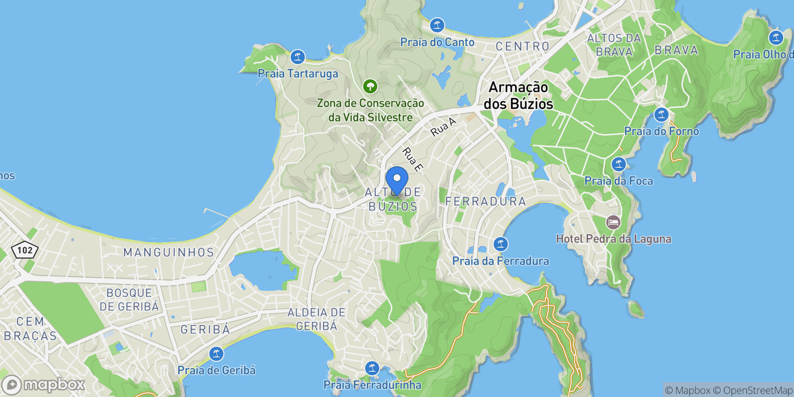 Map showing Rua Alto de Búzios Alto de Búzios, Armação dos Búzios, RJ 28950-000, Armação dos Búzios, State of Rio de Janeiro, Brazil.
