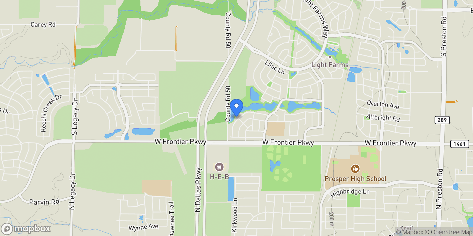 Map showing 2001 Wimberley Drive, Prosper, Texas, United States.