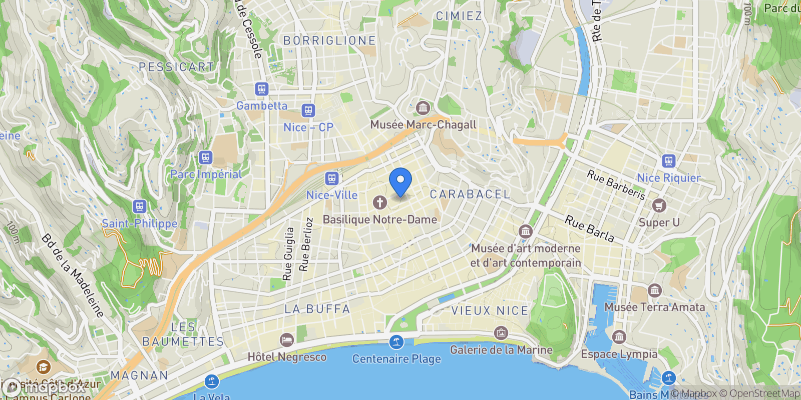 Map showing Nice, Provence-Alpes-Côte d'Azur, France.