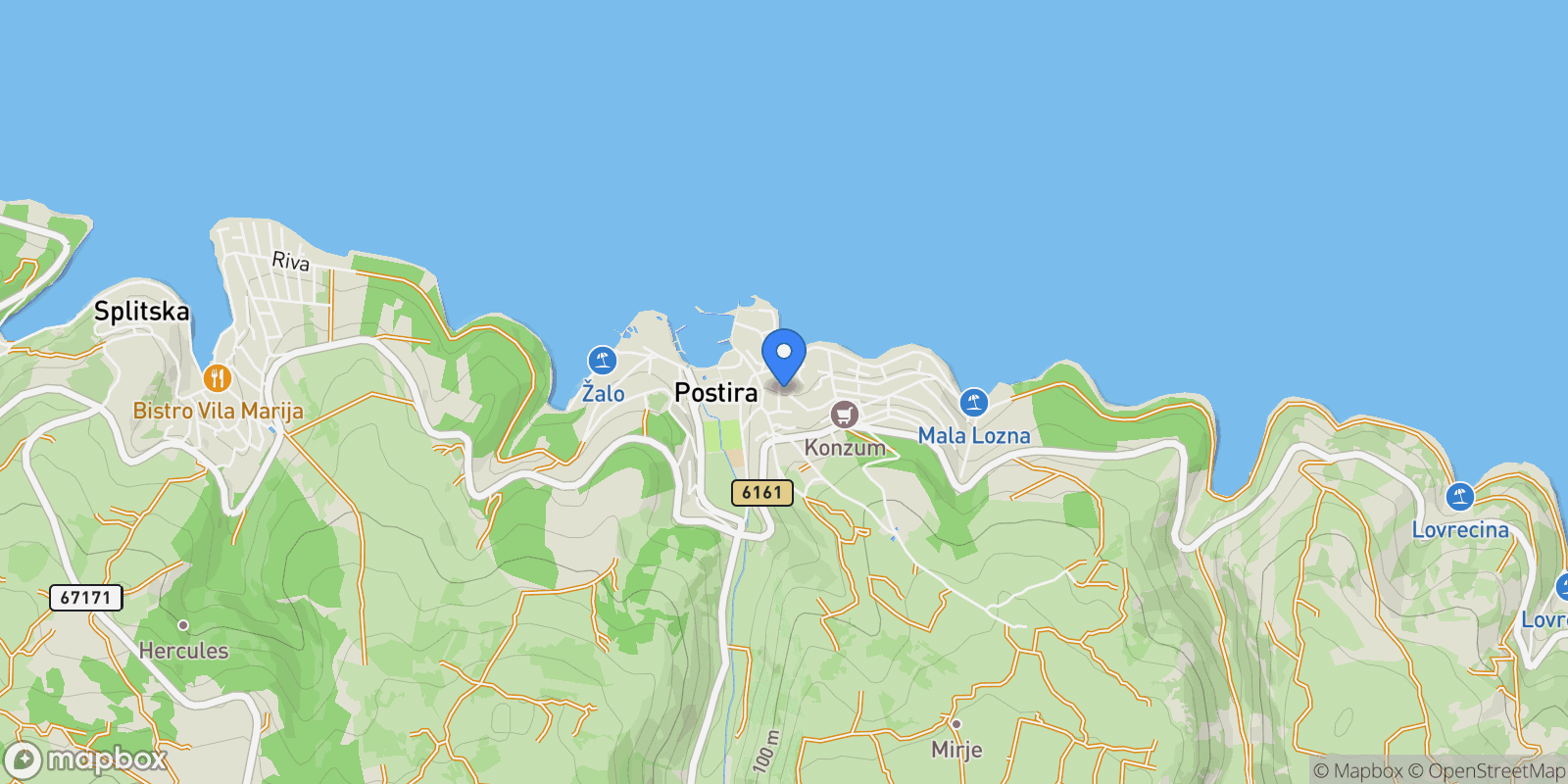 Map showing 21410, Postira, Croatia, Postira, Split-Dalmatia County, Croatia.