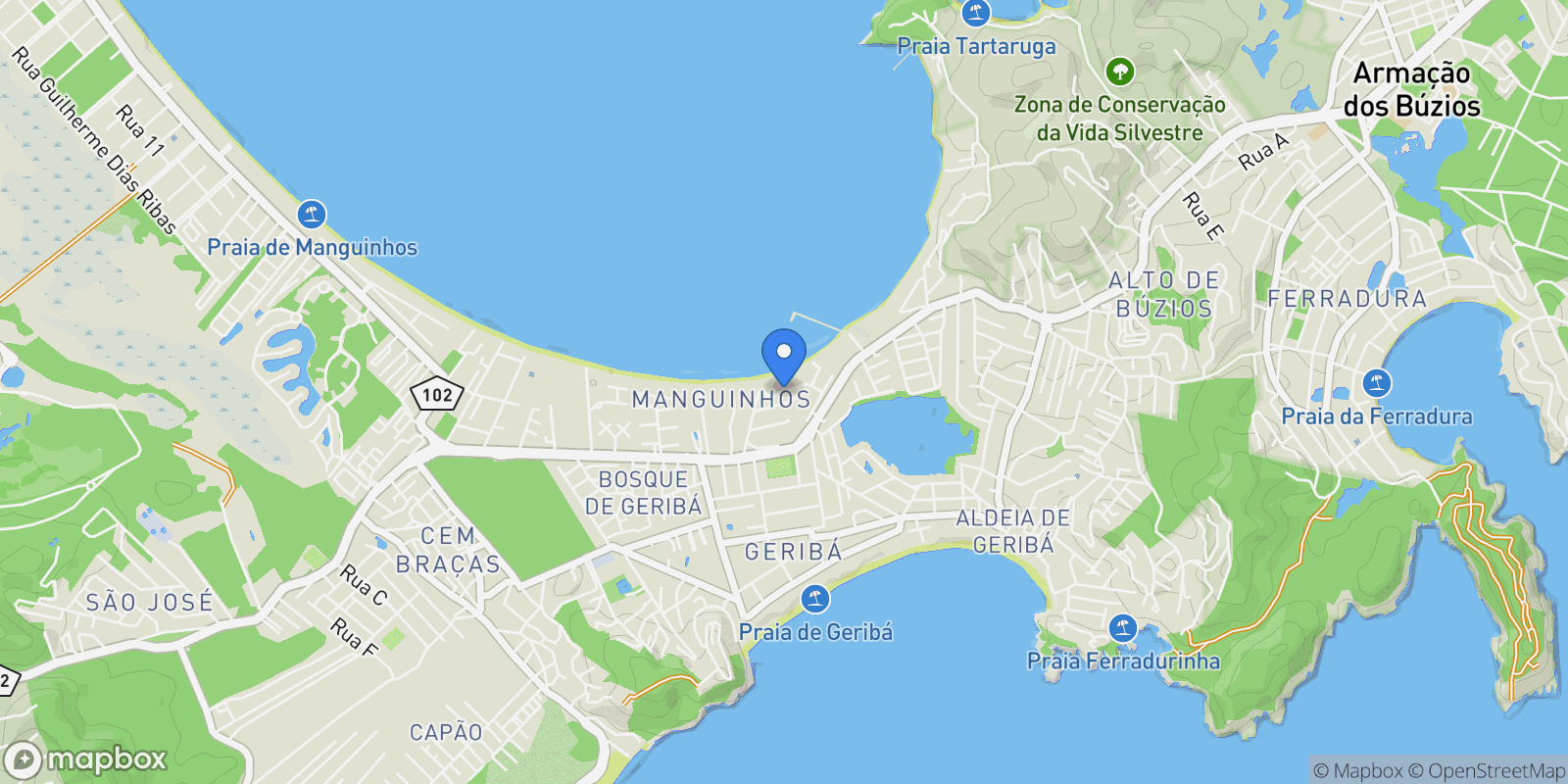 Map showing Mauricio Dutra Praia de Manguinhos, Armação dos Búzios, RJ 28950-000, Armação dos Búzios, State of Rio de Janeiro, Brazil.