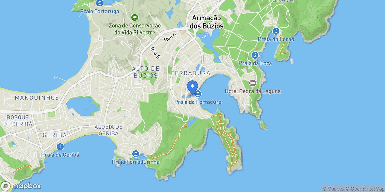 Map showing Rua A da Ferradura	 Ferradura, Armação dos Búzios, RJ 28950-000, Pr Ferradura, State of Rio de Janeiro, Brazil.