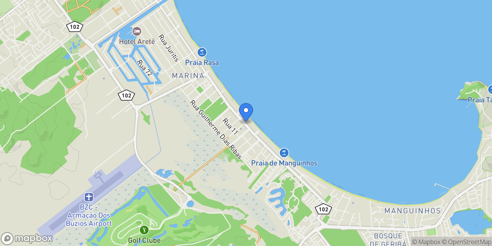 Map showing Avenida José Bento Ribeiro Dantas Praia Rasa, Armação dos Búzios, RJ 28950-000, Vila Luiza, State of Rio de Janeiro, Brazil.