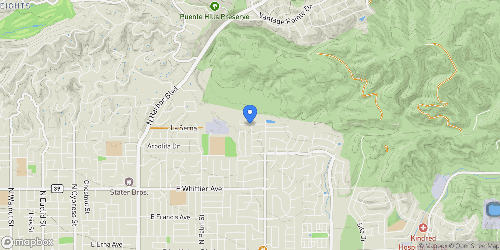 Map showing 18242 Midbury, Brea, CA 92821, Brea, California, United States.
