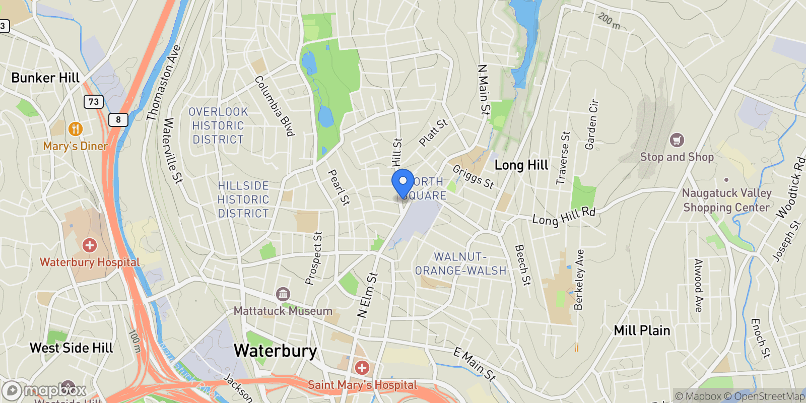 Map showing 28 Hill Street, Waterbury, Connecticut, United States.