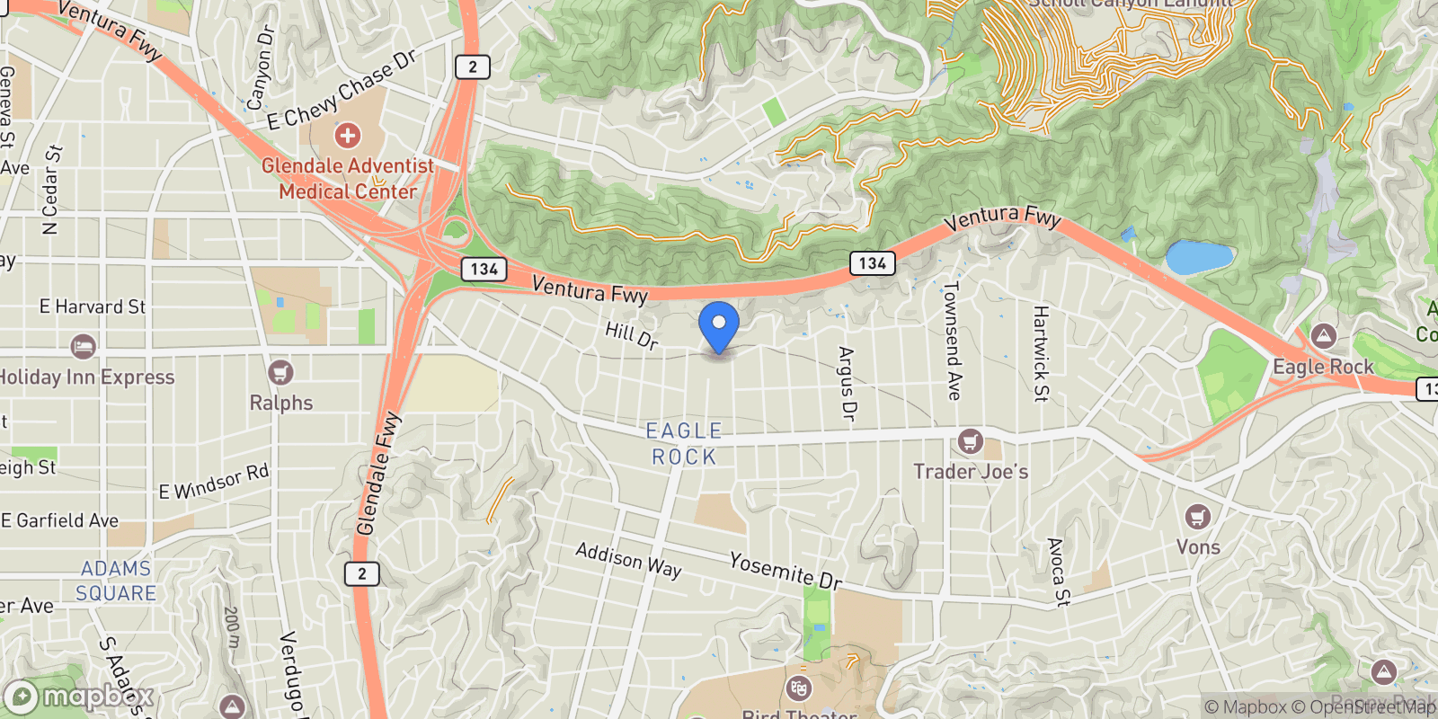 Map showing 2110 Hill Drive, Los Angeles, California, United States.