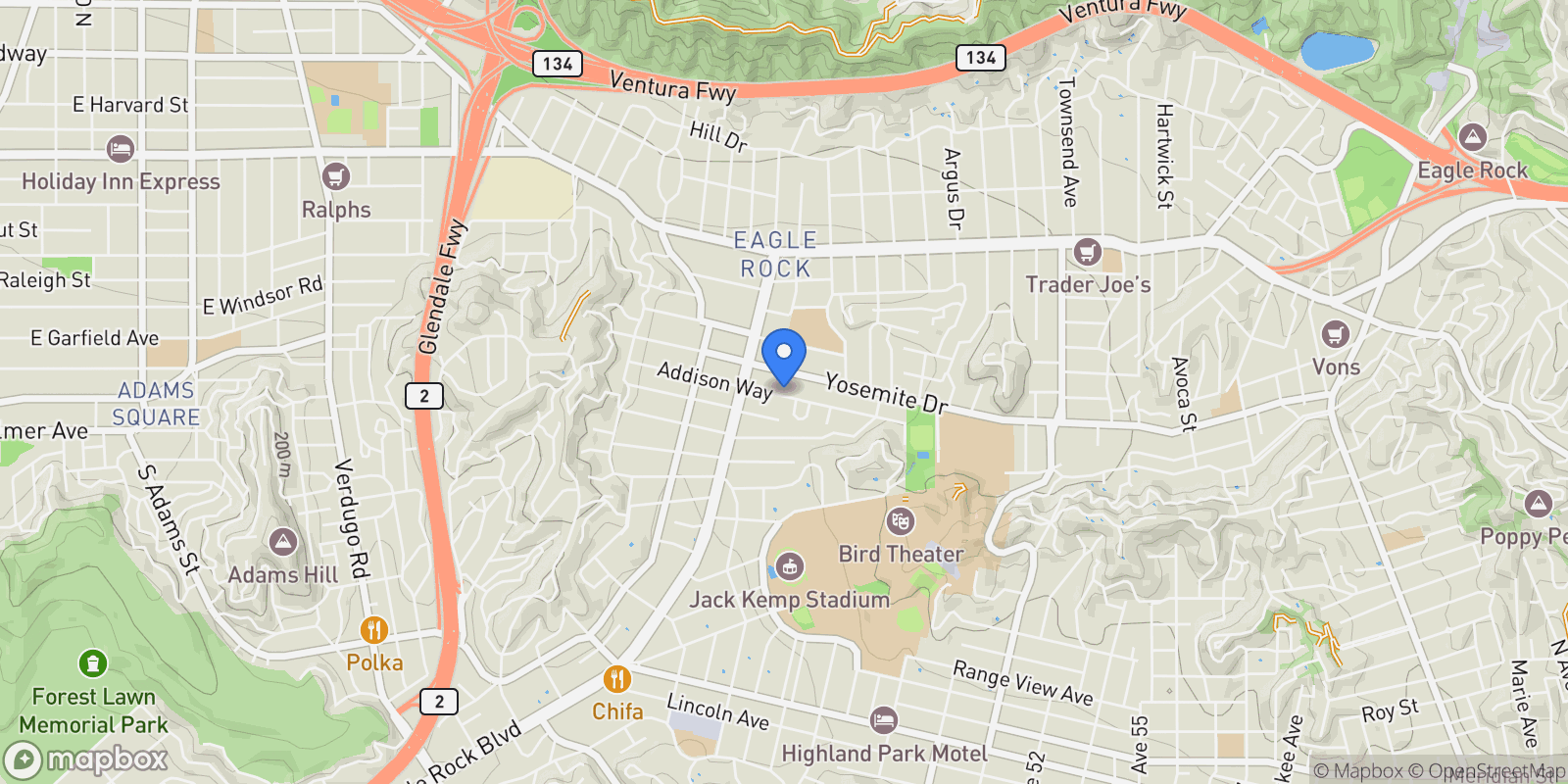 Map showing 2130 Addison Way, Los Angeles, California, United States.