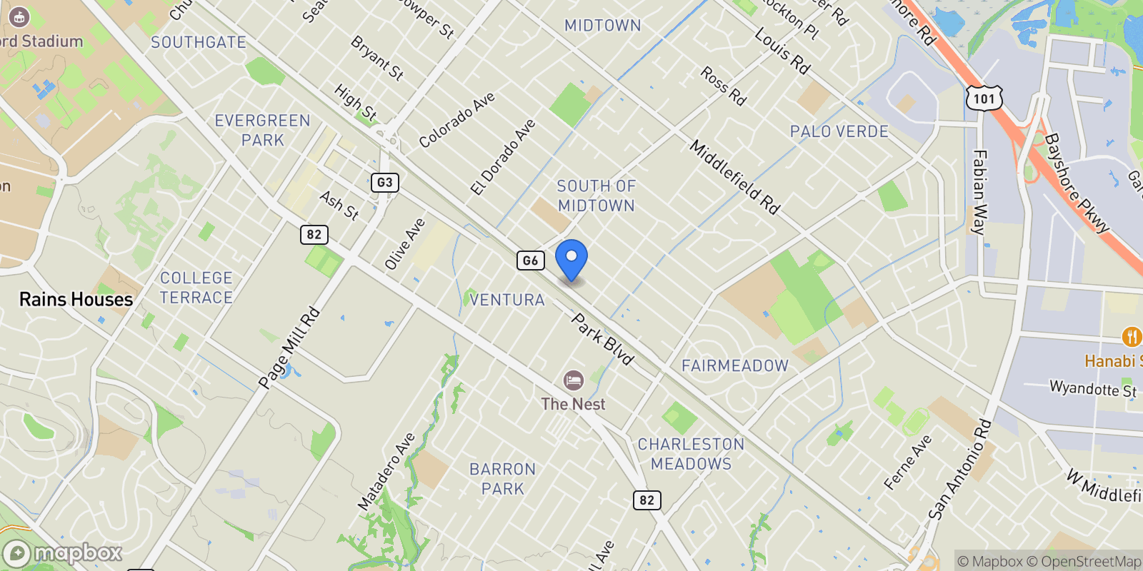 Map showing 3213-17 Alma Street, Palo Alto, California, United States.