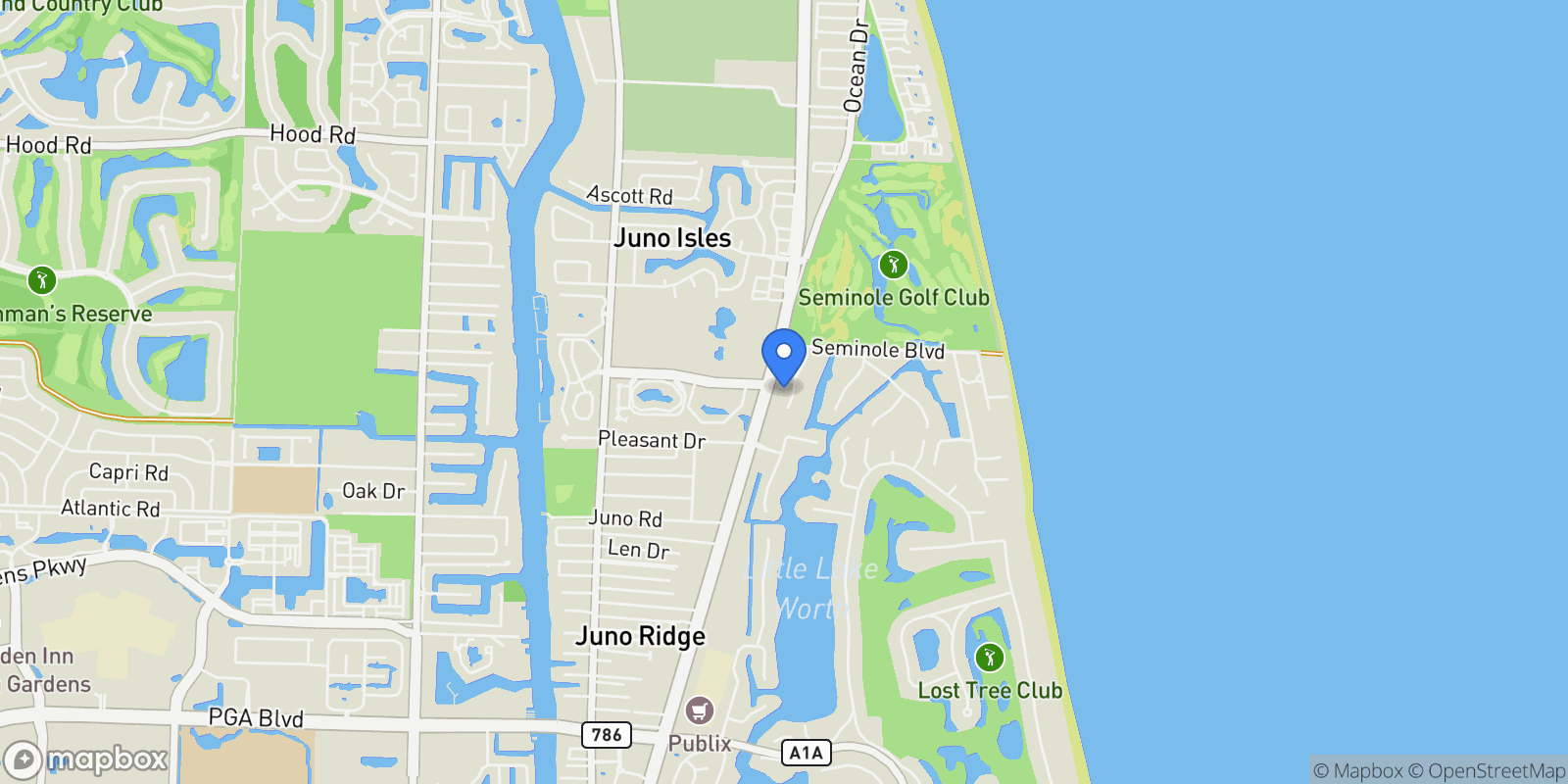 Map showing 12375 Ridge Road Road, North Palm Beach, Florida, United States.