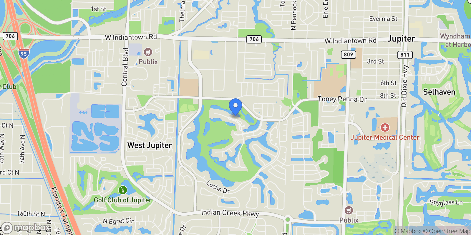 Map showing 133 Hawksbill Way, Jupiter, Florida, United States.