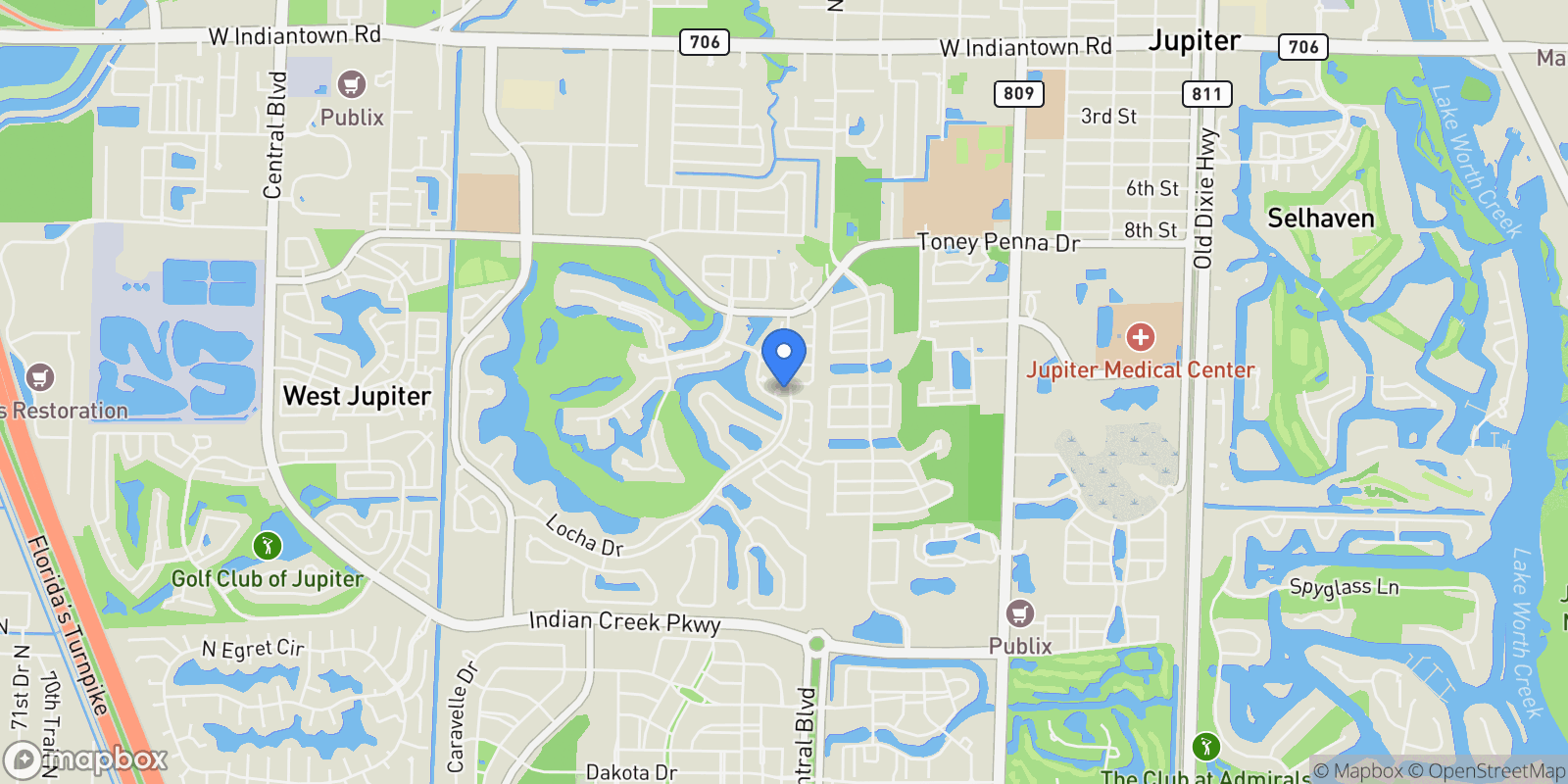 Map showing 104 Lanitee Circle, Jupiter, Florida, United States.
