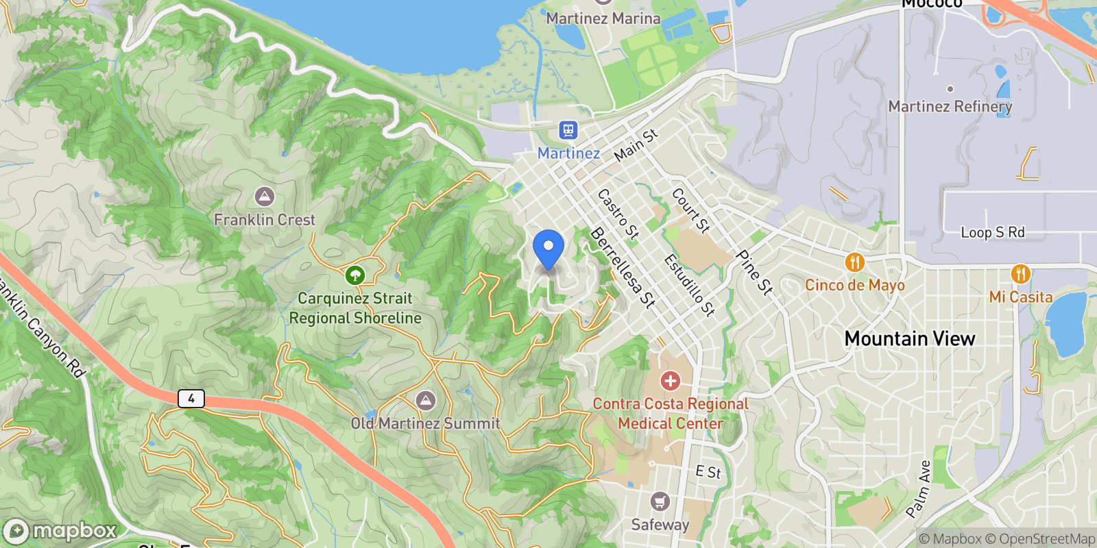 Map showing 1087 Hillside Dr, Martinez, California, United States.