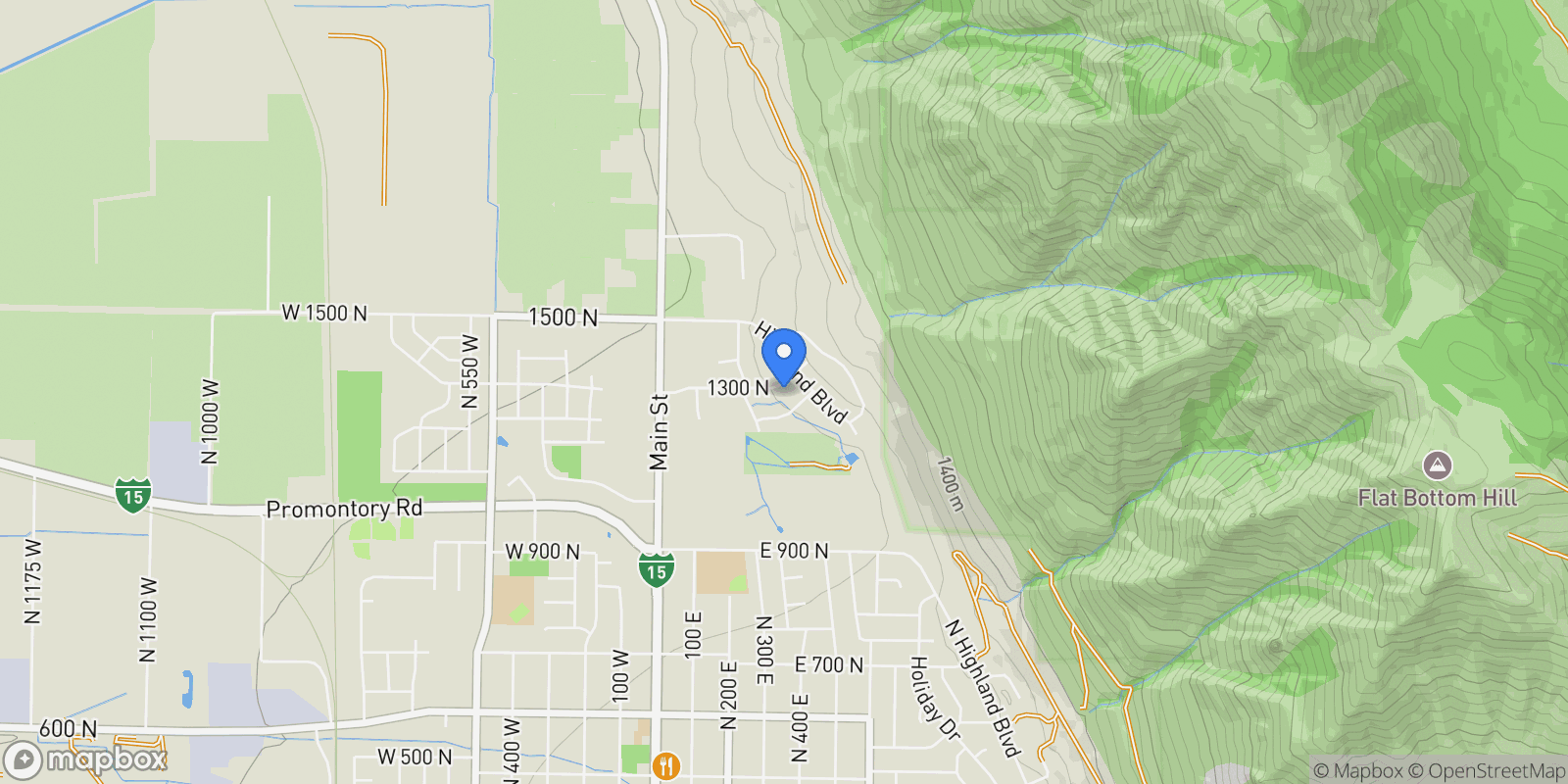 Map showing 360 E 1300 N, Brigham City, Utah, United States.