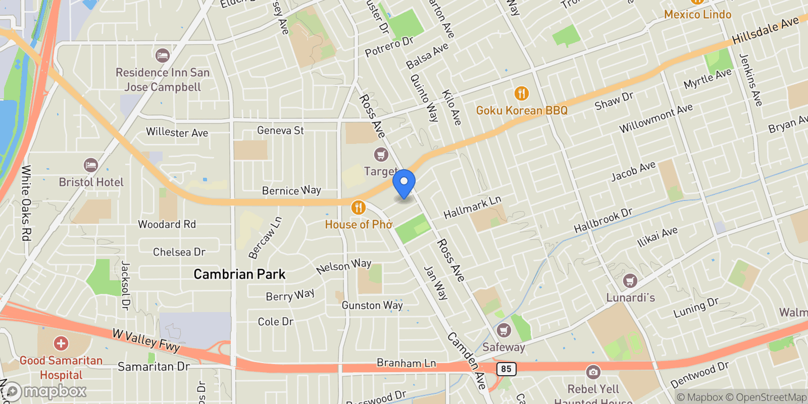 Map showing 1800 Donna Lane, San Jose, California, United States.
