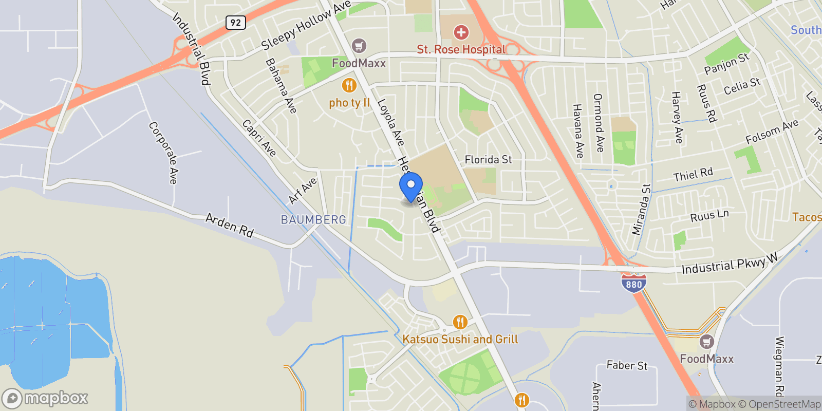 Map showing 2380 Cabrillo Dr, Hayward, California, United States.