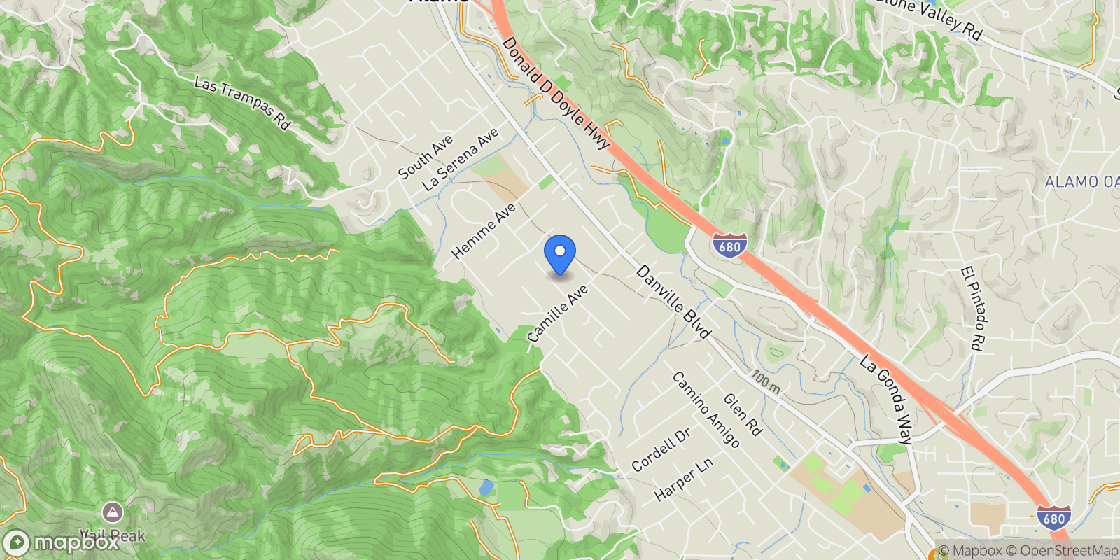 Map showing 104 Muir Ln, Alamo, California, United States.