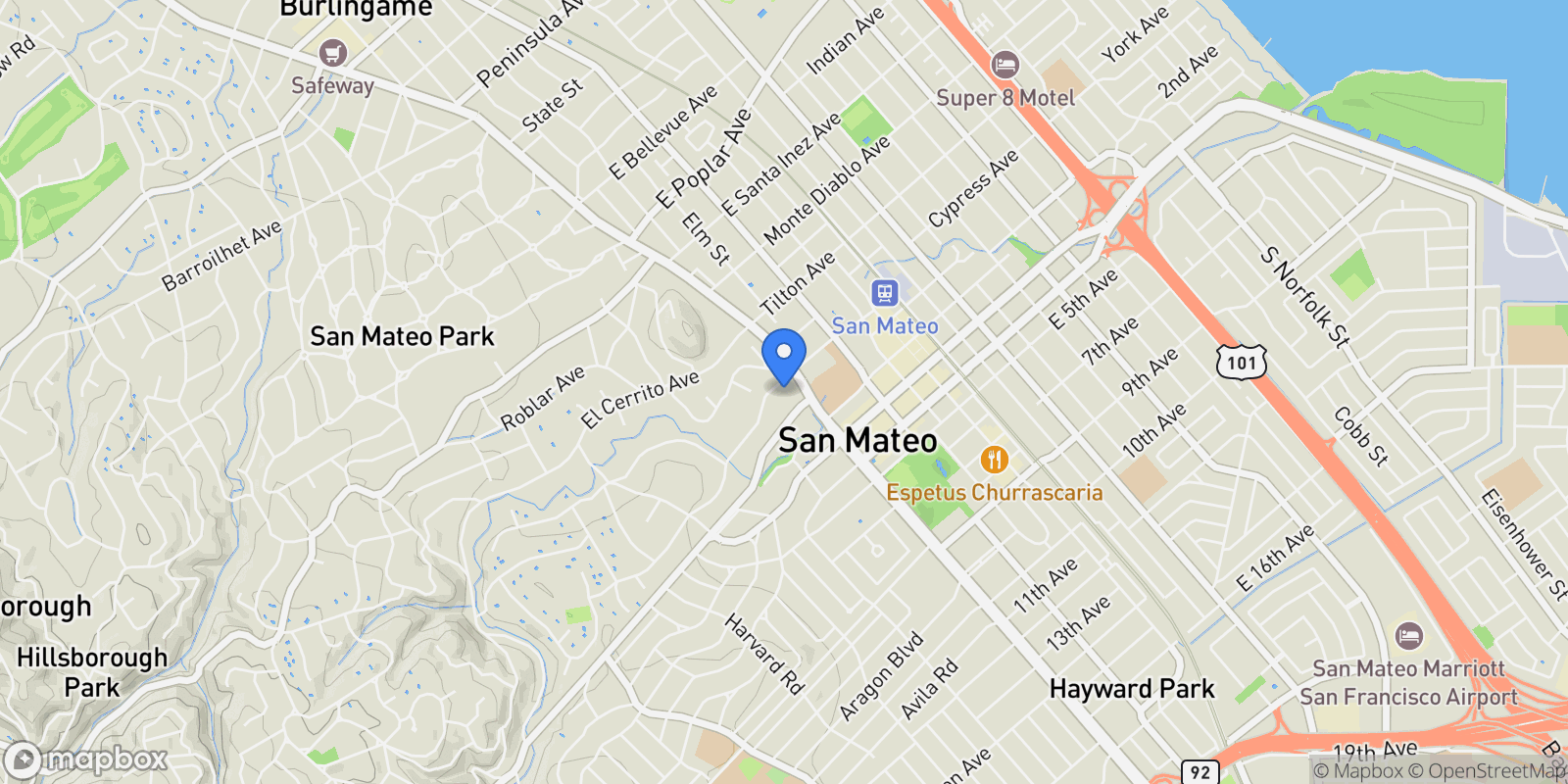 Map showing 10 Crystal Springs Road, San Mateo, California, United States.