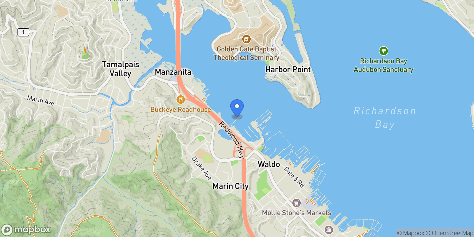 Map showing 23 Gate 6 1/2 Road, Sausalito, California, United States.