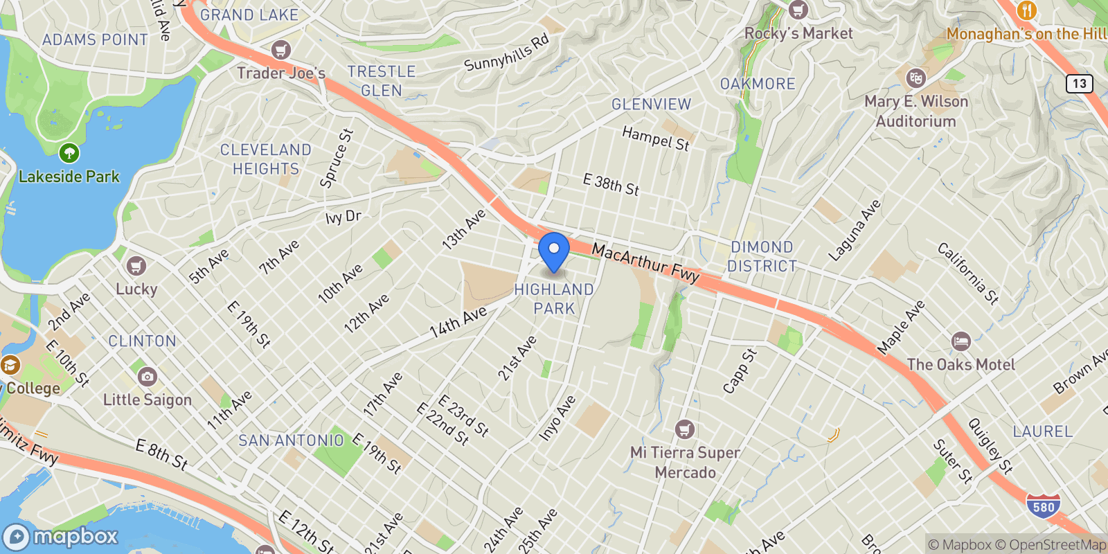 Map showing 1600 E 31St St, Oakland, California, United States.