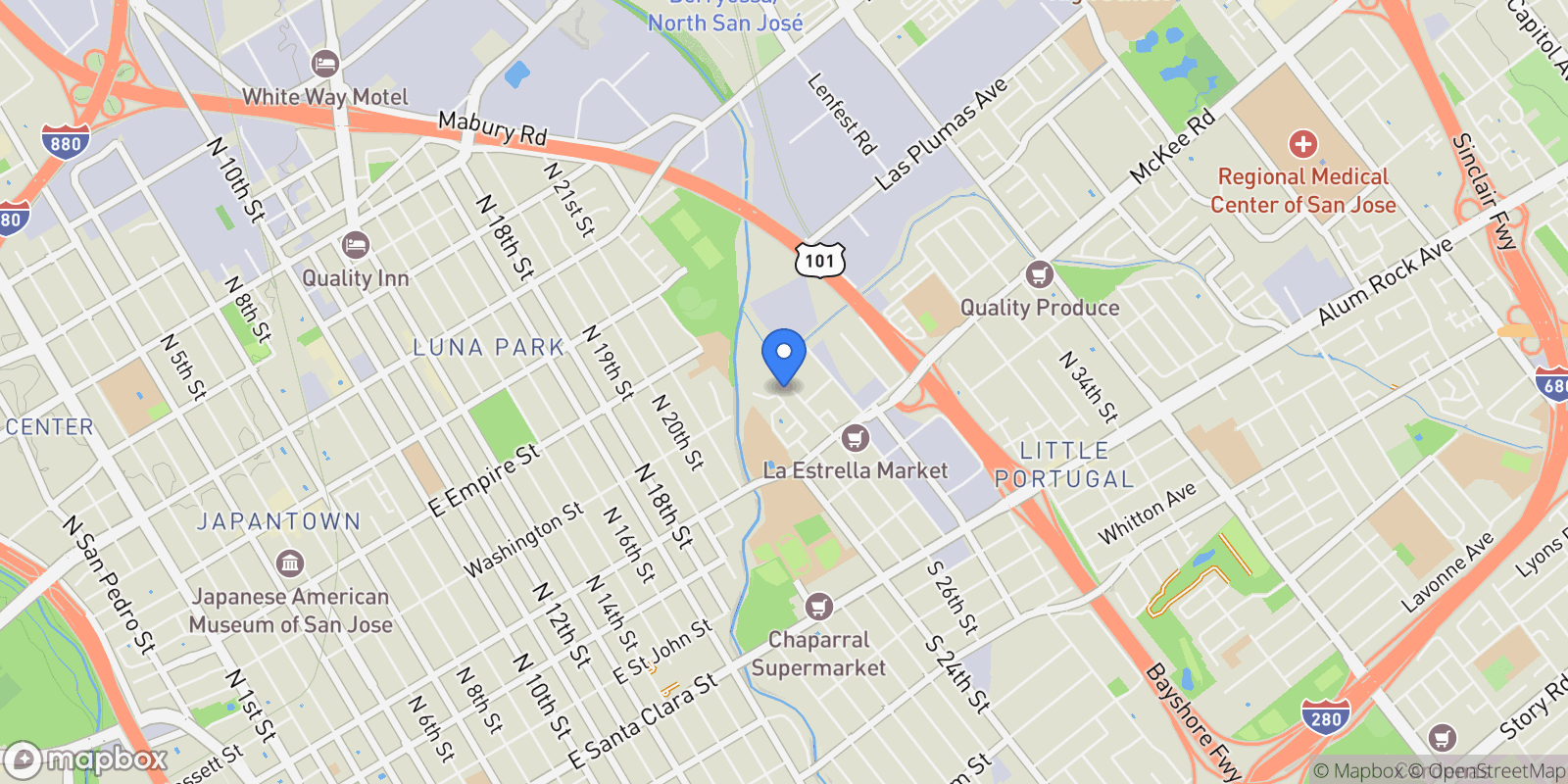 Map showing 445 N 26th Street, San Jose, California, United States.