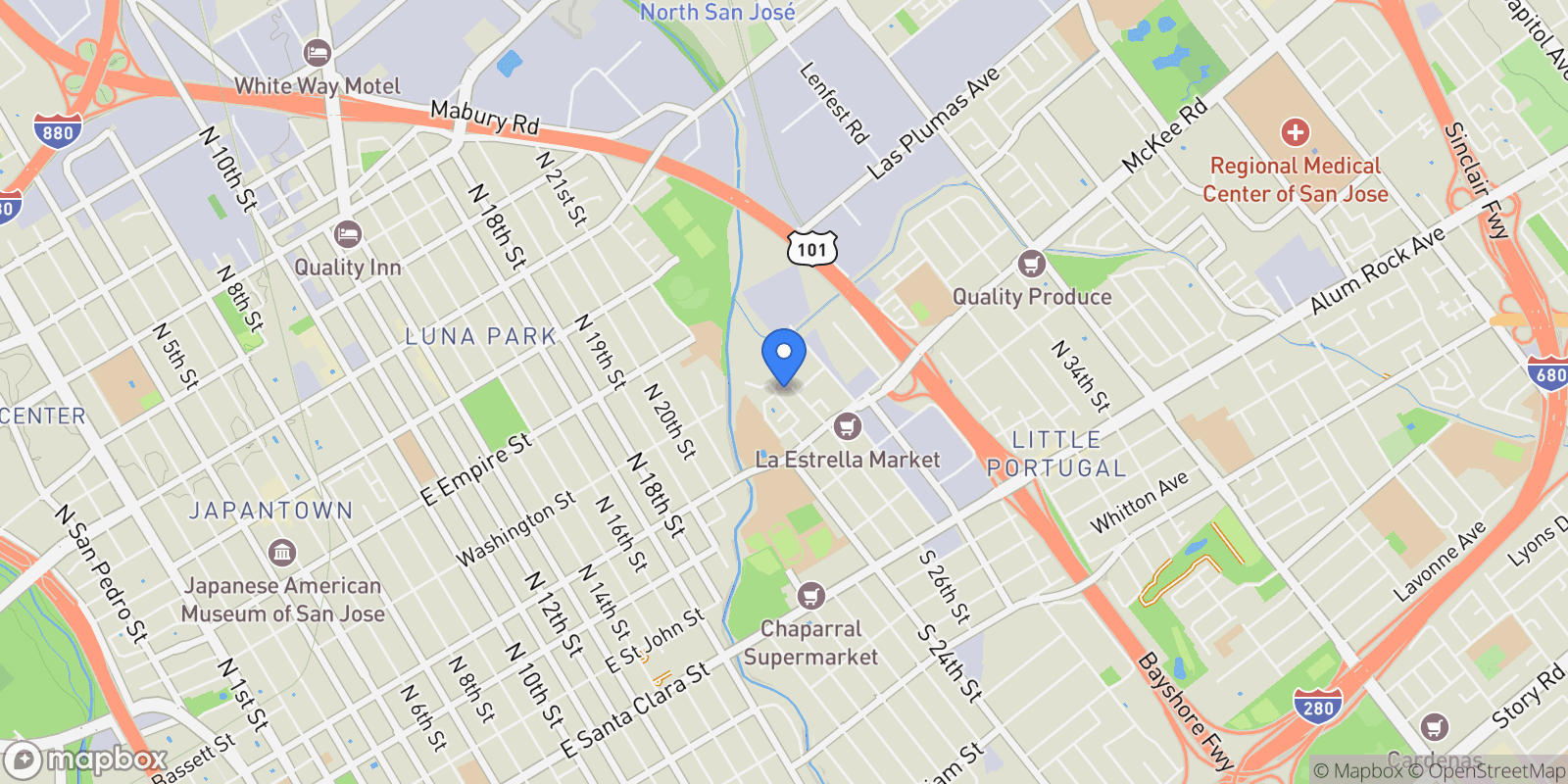 Map showing 423 N 26th Street, San Jose, California, United States.