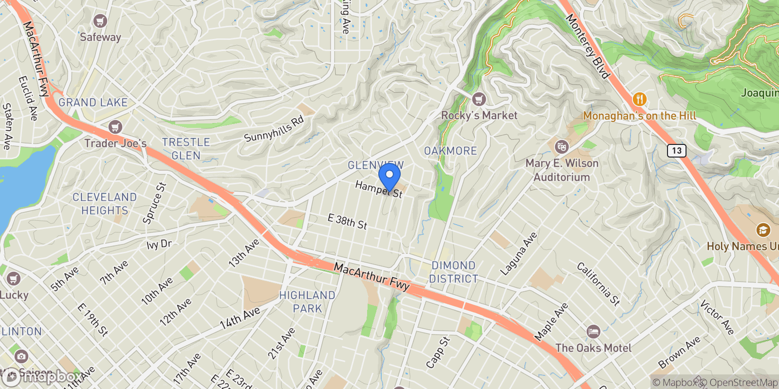 Map showing 1515 Hampel St, Oakland, California, United States.